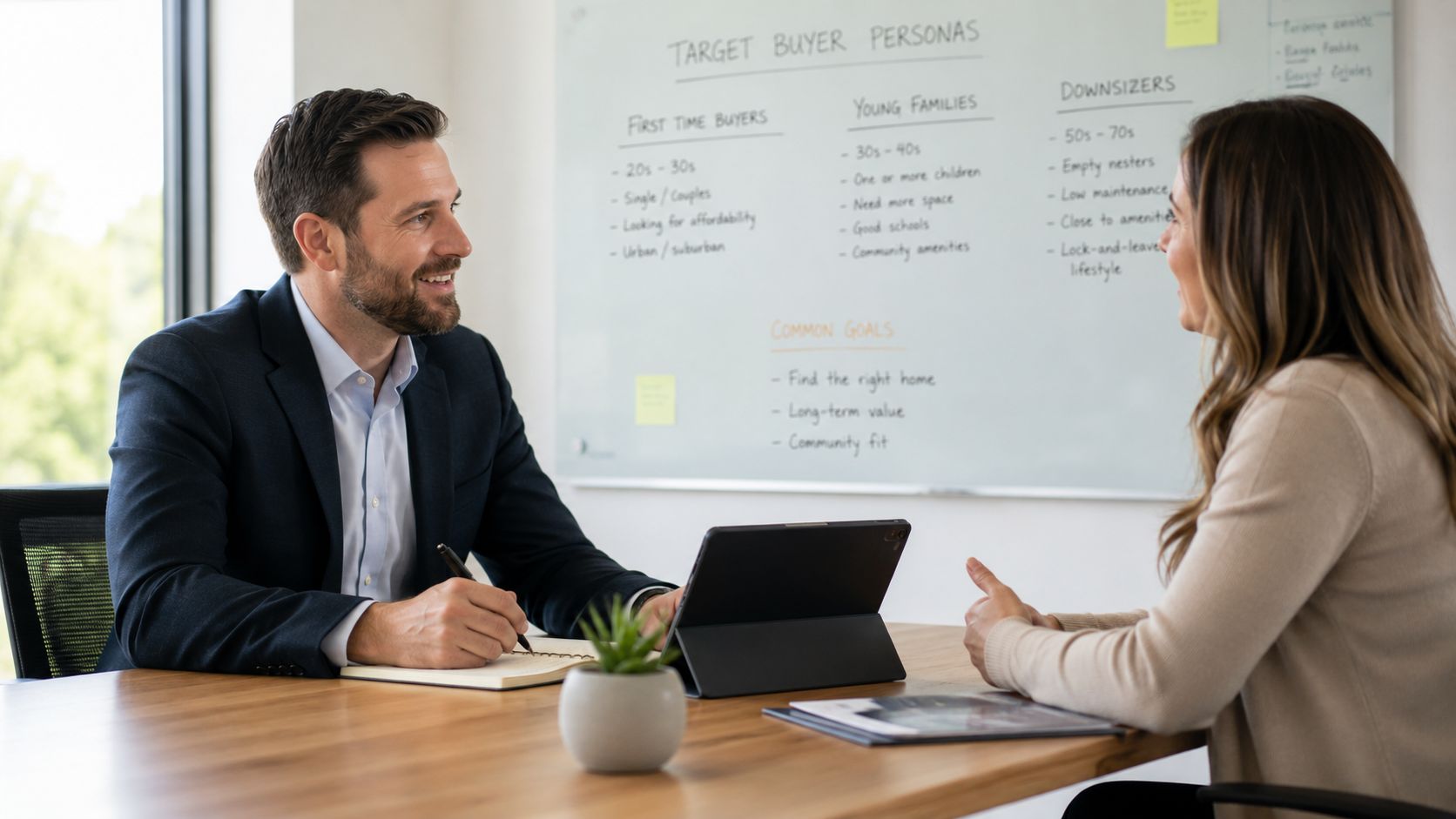 Mapa de contenido: guía práctica para PYMES 2026 » mapa de contenido Un hombre de negocios y una mujer conversan mientras revisan estrategias de marketing frente a una pizarra.