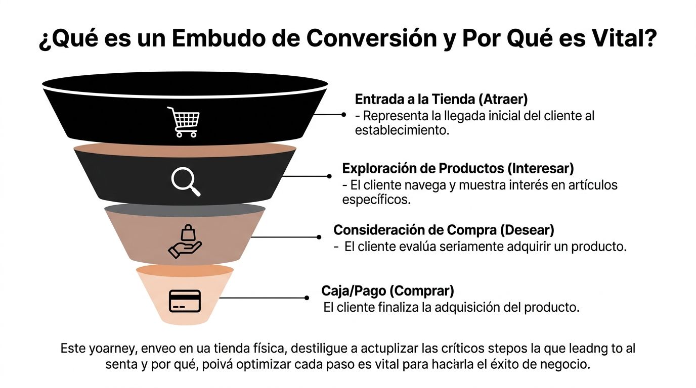 Diagrama de embudo de conversión que muestra las etapas del proceso de compra del cliente en tienda.