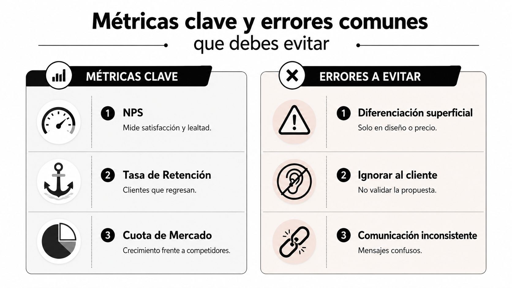 Estrategia de diferenciación: guía práctica para 2026 » estrategia de diferenciación Infografía mostrando tres métricas clave y tres errores comunes de marketing que deben evitarse.
