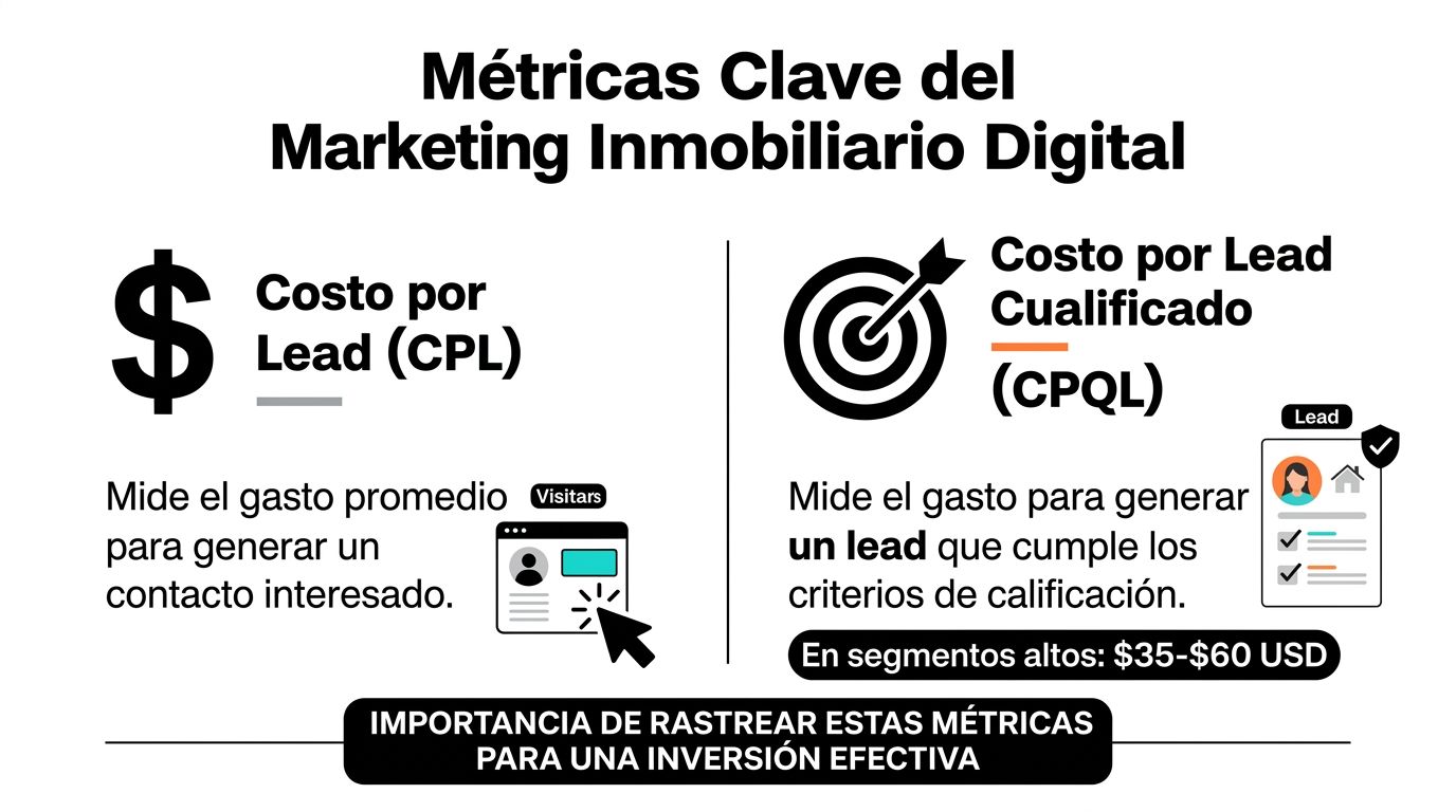 Infografía sobre métricas clave del marketing inmobiliario digital enfocada en costos por lead y lead cualificado.