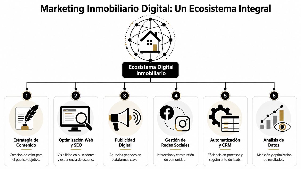 Diagrama de un ecosistema de marketing inmobiliario digital con seis pilares clave para el sector de bienes raíces.