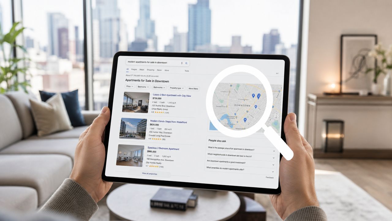 Persona sosteniendo una tablet mostrando resultados de búsqueda inmobiliaria en línea para apartamentos en el centro.