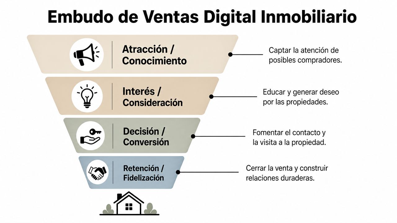 Diagrama de embudo de ventas digital enfocado en el sector inmobiliario y sus etapas clave