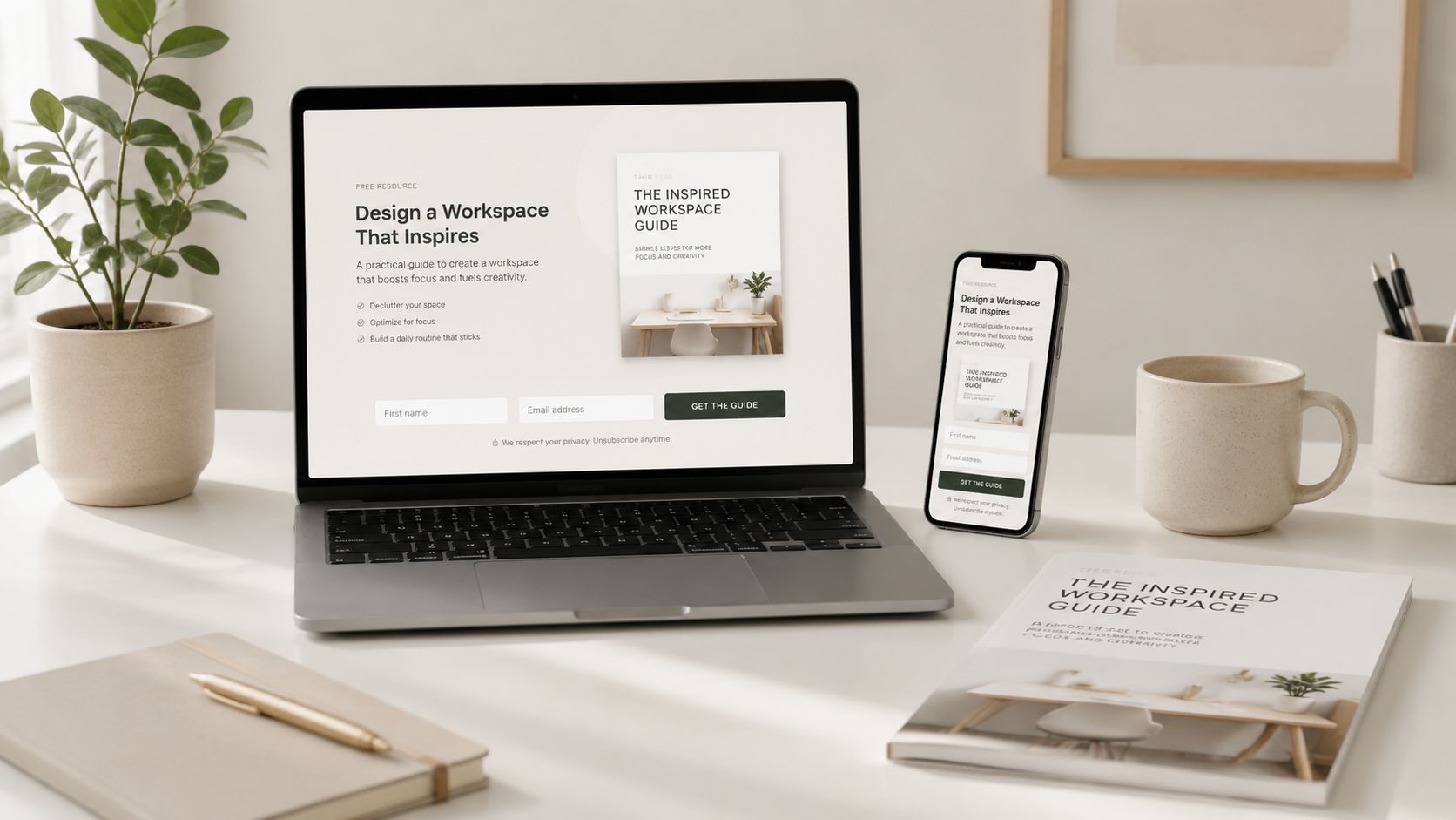 Ordenador portátil y teléfono móvil mostrando una guía gratuita para diseñar un espacio de trabajo inspirador.