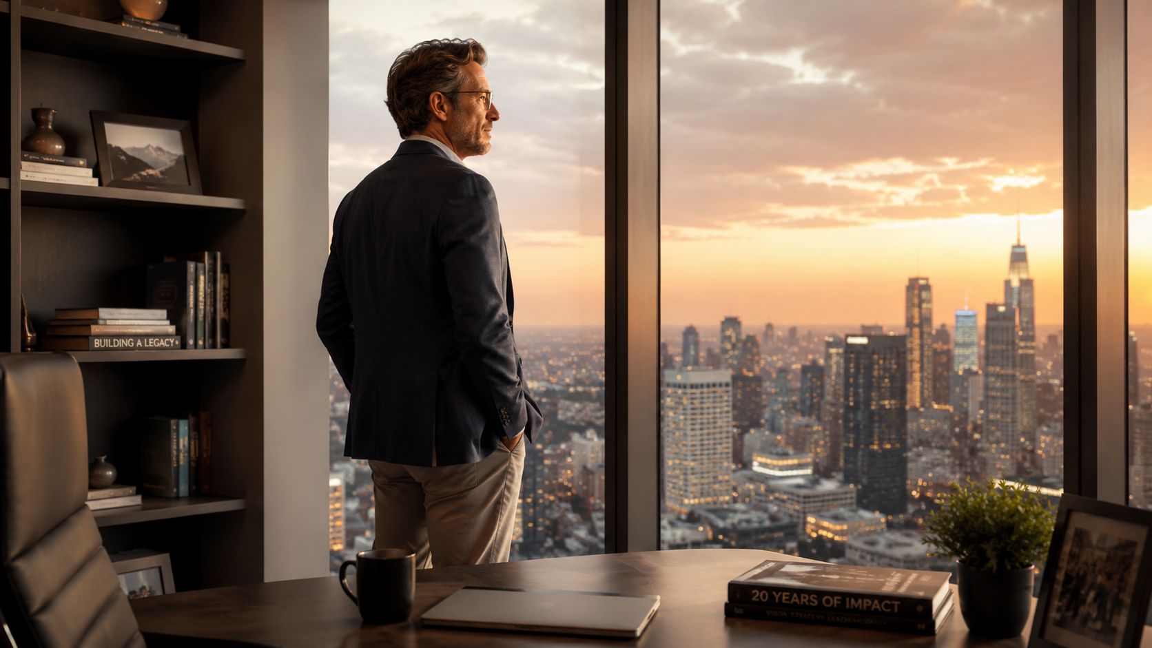 Un ejecutivo con traje contempla la ciudad al atardecer desde su oficina moderna con vista panorámica.