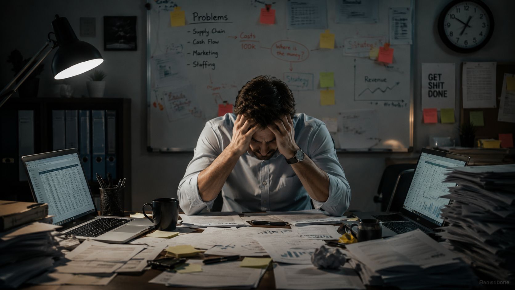 Un hombre de negocios estresado sentado ante un escritorio desordenado con computadoras y muchos documentos de trabajo.