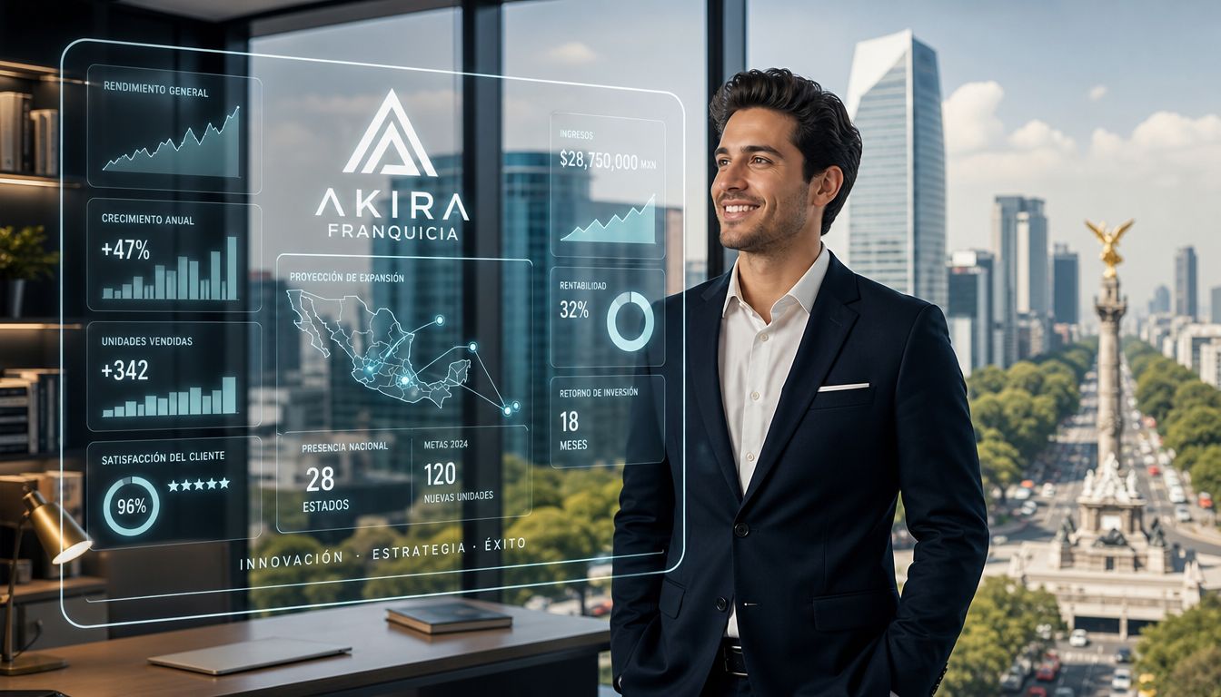 Un ejecutivo sonriente frente a una pantalla digital mostrando métricas de crecimiento empresarial de Akira Franquicia en México.