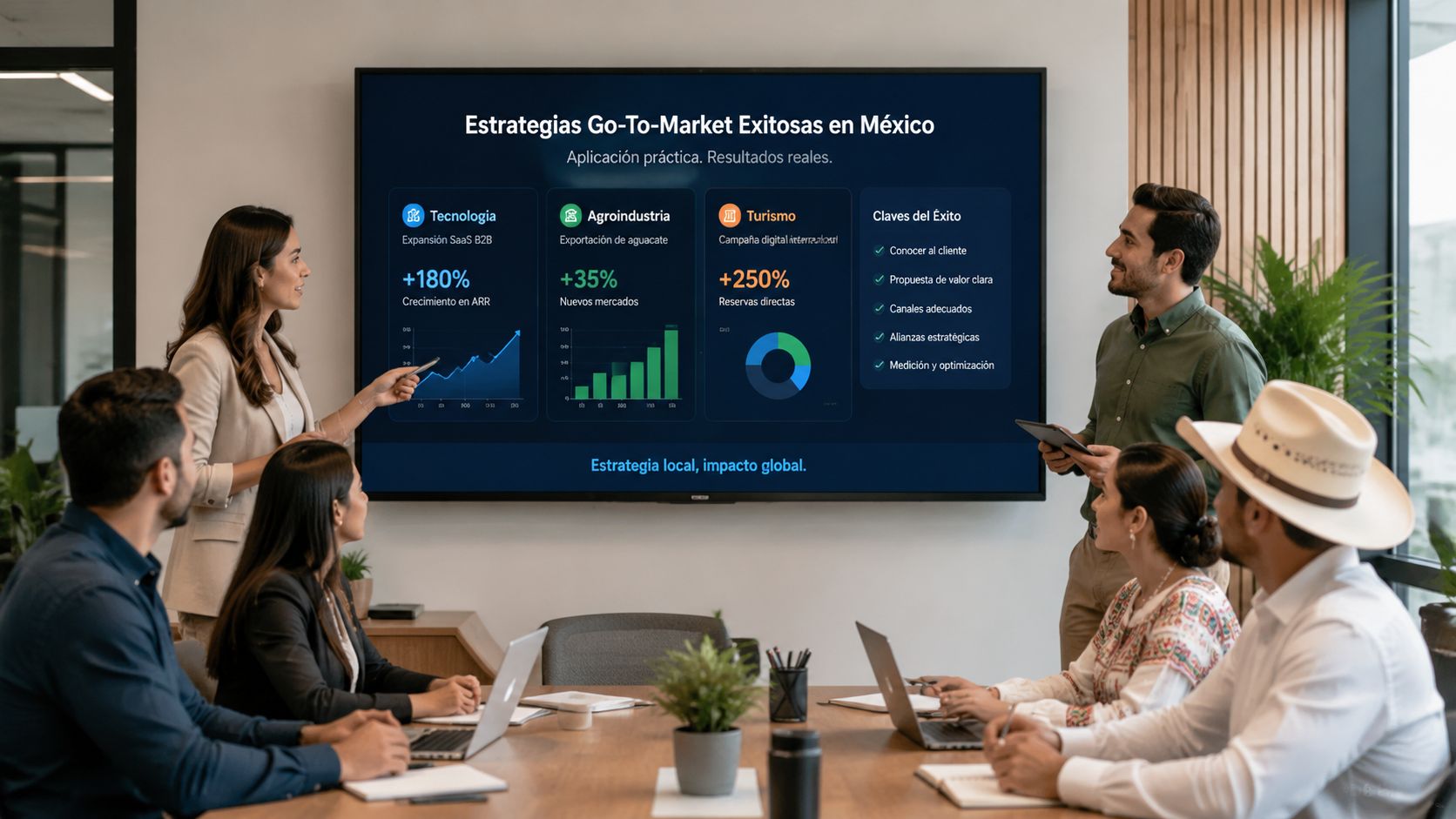 Un equipo profesional en una reunión de negocios analizando estrategias de mercado mexicano en una pantalla digital.