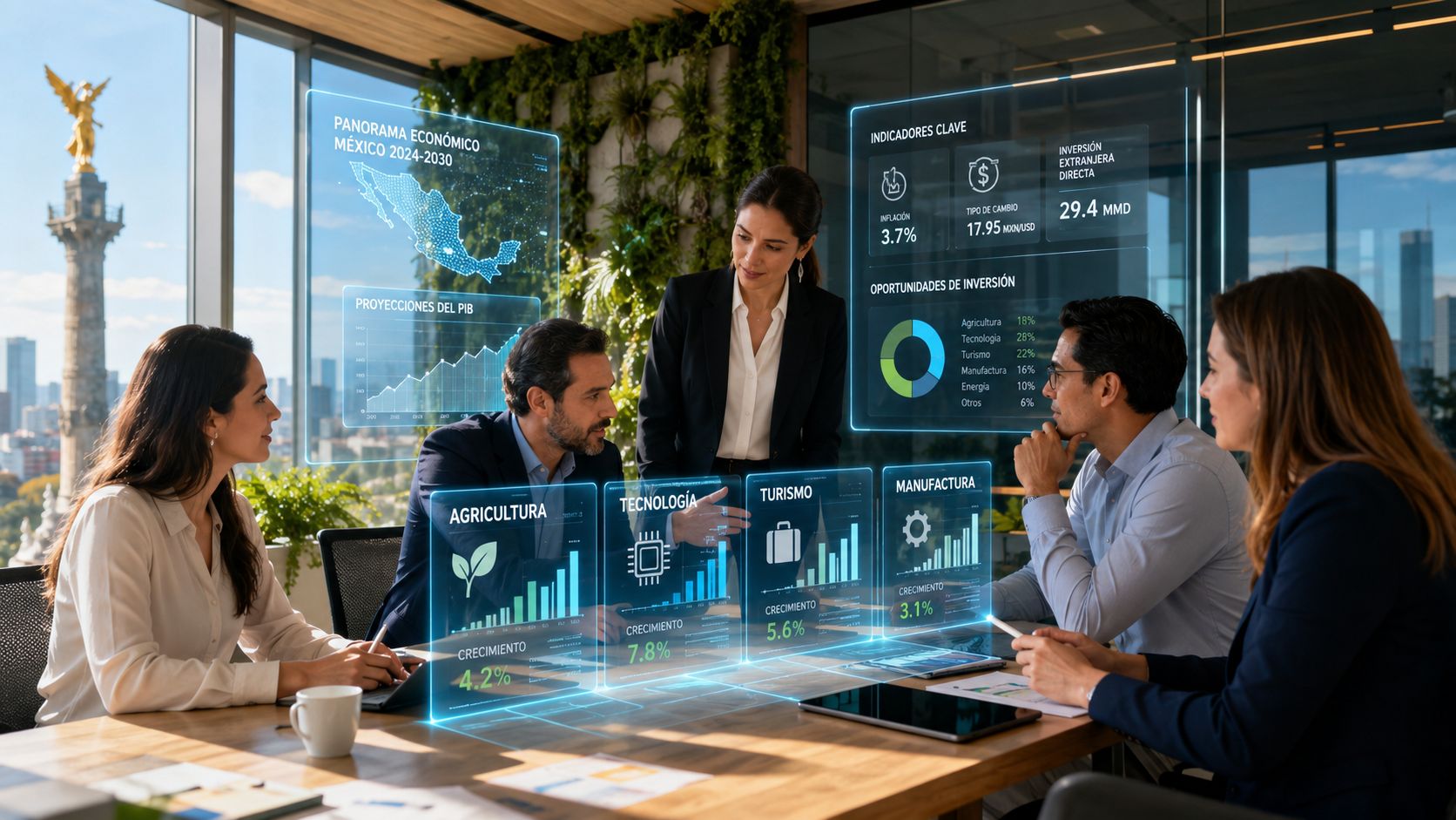 Profesionales de negocios analizando datos económicos de México mediante gráficos holográficos interactivos en una oficina moderna.