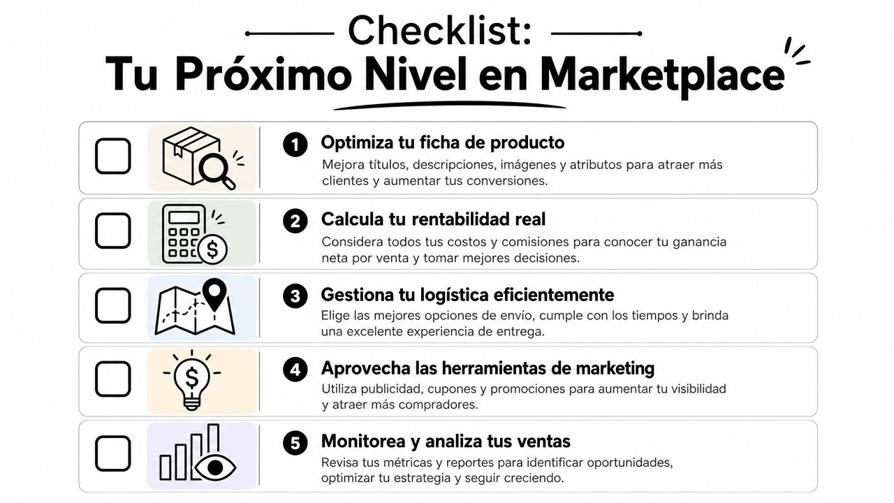 Lista de verificación para mejorar las ventas en marketplaces con cinco consejos estratégicos esenciales.
