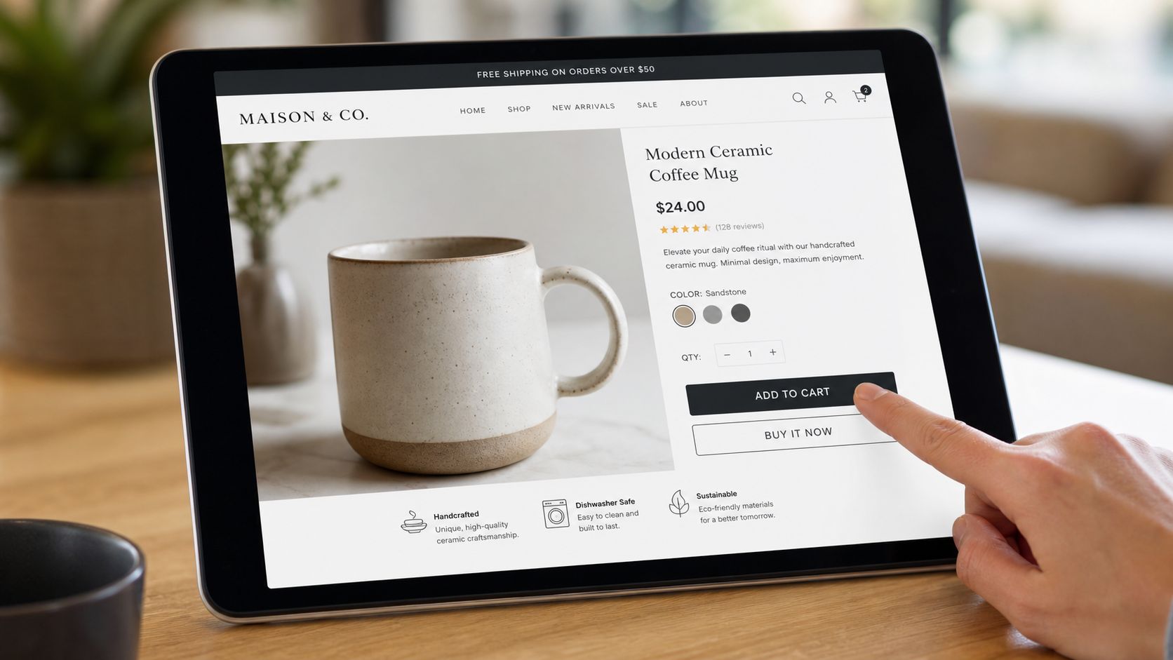 Persona usando una tableta para comprar una taza de café de cerámica en una tienda online.