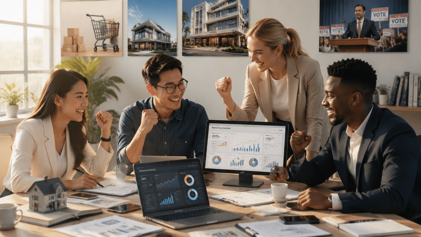 Inbound y outbound marketing para PYMES: guía práctica » inbound y outbound Un equipo diverso celebra con éxito mientras revisa datos de marketing y gráficos financieros en sus portátiles.