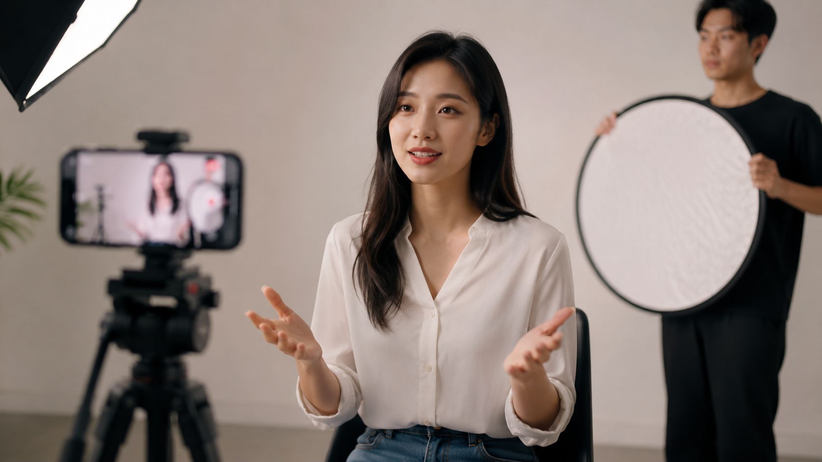 Mujer joven presentando un video profesional en un estudio con equipo de filmación y un asistente