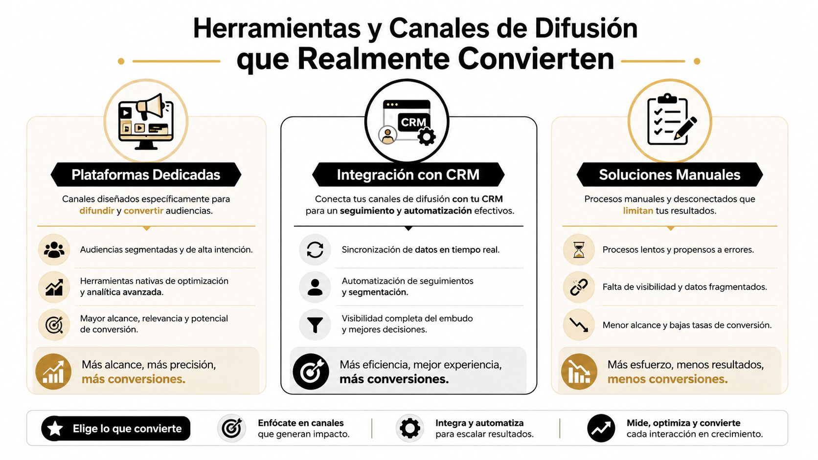 Infografía comparativa sobre herramientas de difusión, integración con CRM y soluciones manuales para mejorar la conversión.