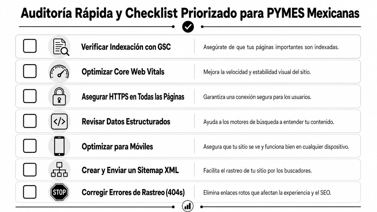 Guía SEO técnico 2026: dispara la visibilidad de tu PYME » seo técnico Lista de verificación para auditoría SEO técnica enfocada en mejorar el posicionamiento de PYMES mexicanas en buscadores.