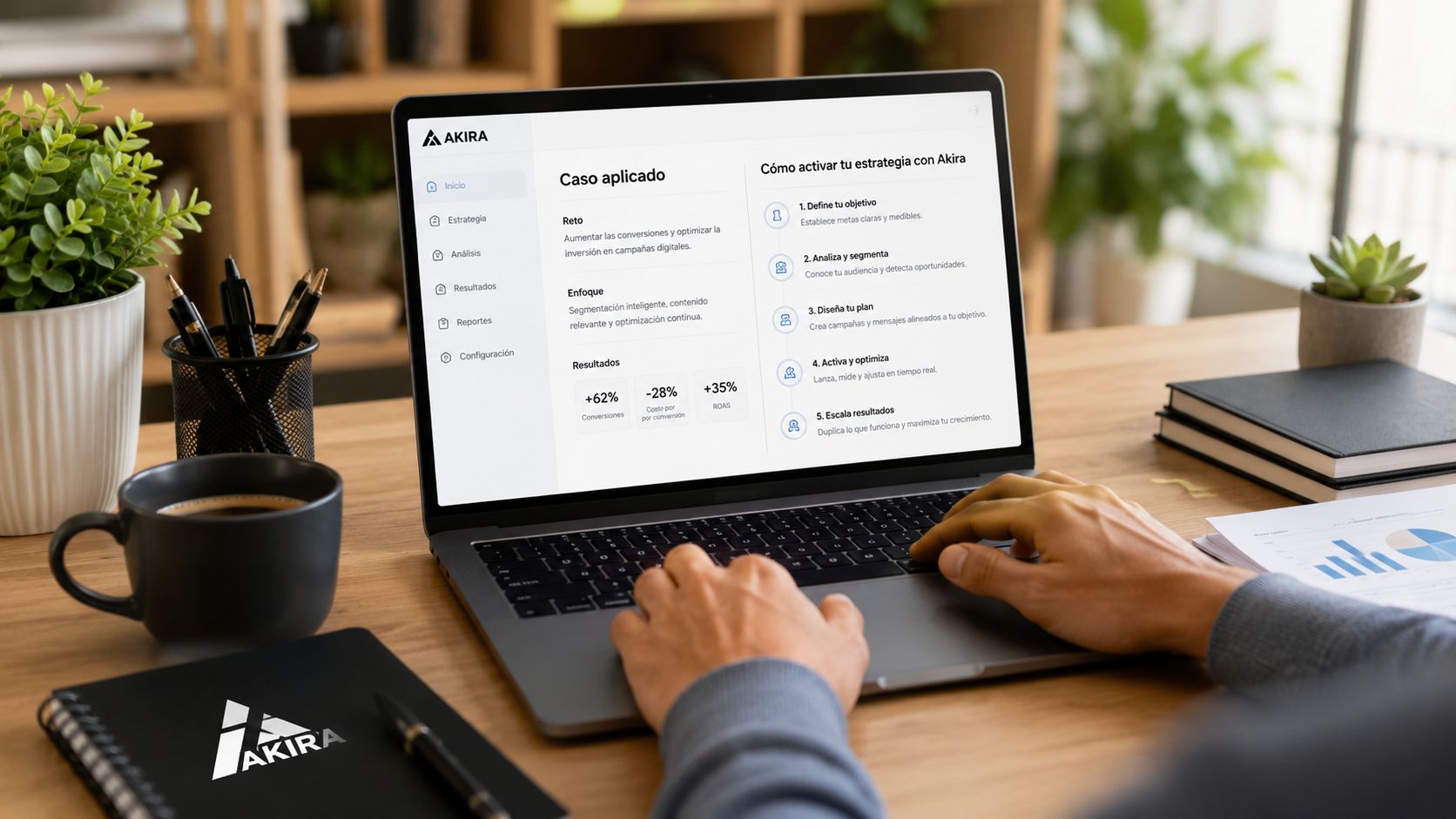 Una persona trabajando en un portátil con una plataforma de marketing digital llamada Akira en la pantalla.