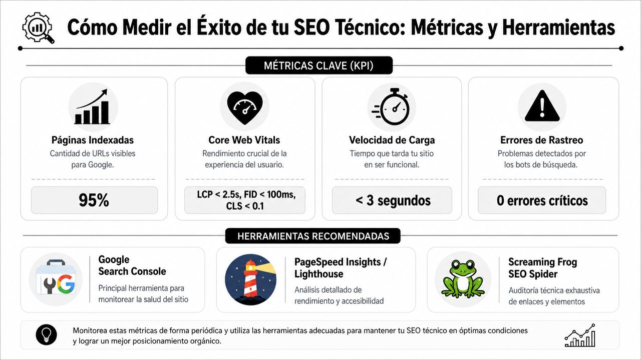 Guía SEO técnico 2026: dispara la visibilidad de tu PYME » seo técnico Infografía sobre métricas clave y herramientas recomendadas para medir el éxito del SEO técnico de un sitio web.