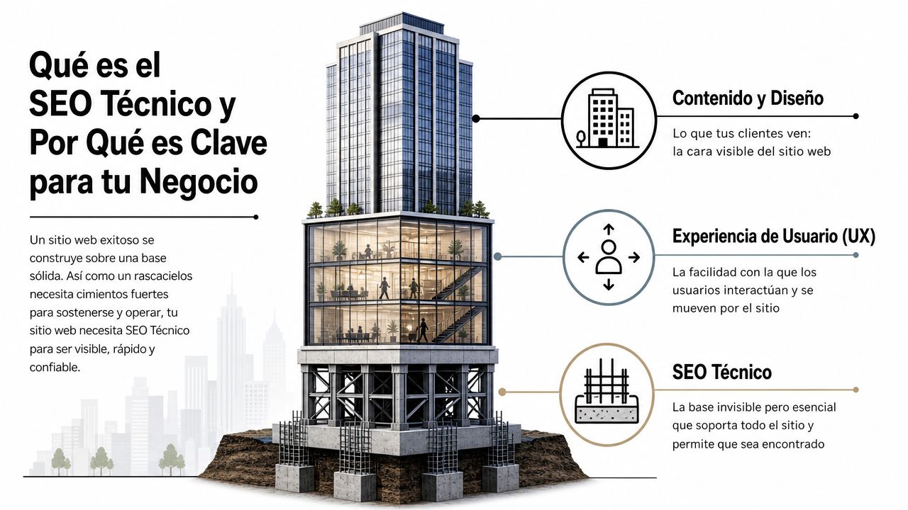 Guía SEO técnico 2026: dispara la visibilidad de tu PYME » seo técnico Infografía que compara el SEO técnico con los cimientos sólidos de un edificio para sitios web.