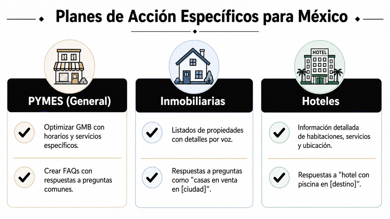Infografía sobre planes de acción específicos de búsqueda por voz para empresas mexicanas en diferentes sectores.