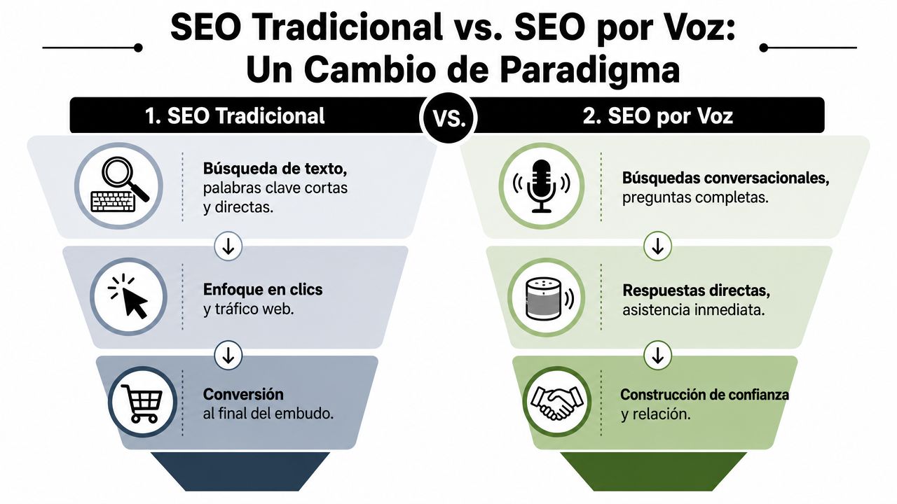 Infografía comparativa entre SEO tradicional y SEO por voz, detallando sus diferencias en estrategias y objetivos.