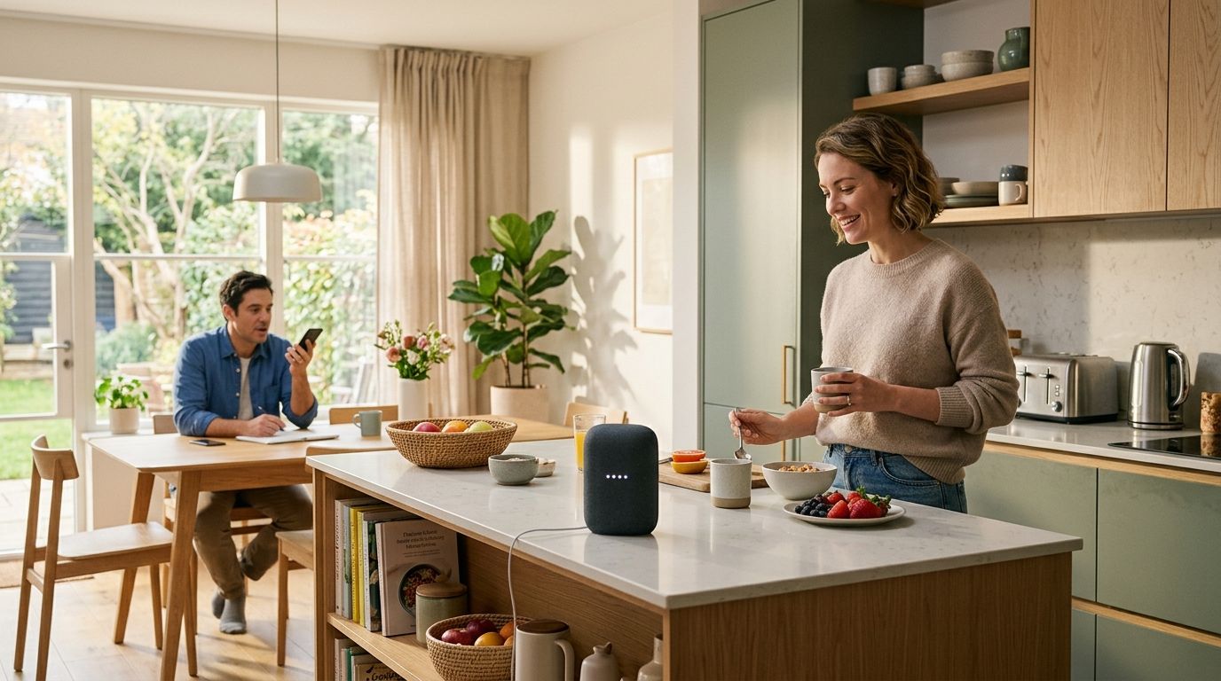 Una mujer feliz disfruta de un desayuno en su cocina moderna con un altavoz inteligente sobre la mesa.