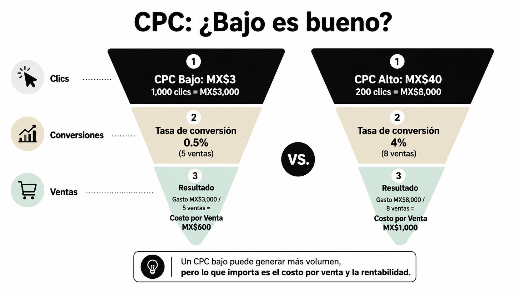 Comparativa de embudo de marketing mostrando que un CPC bajo no siempre significa mayor rentabilidad final.