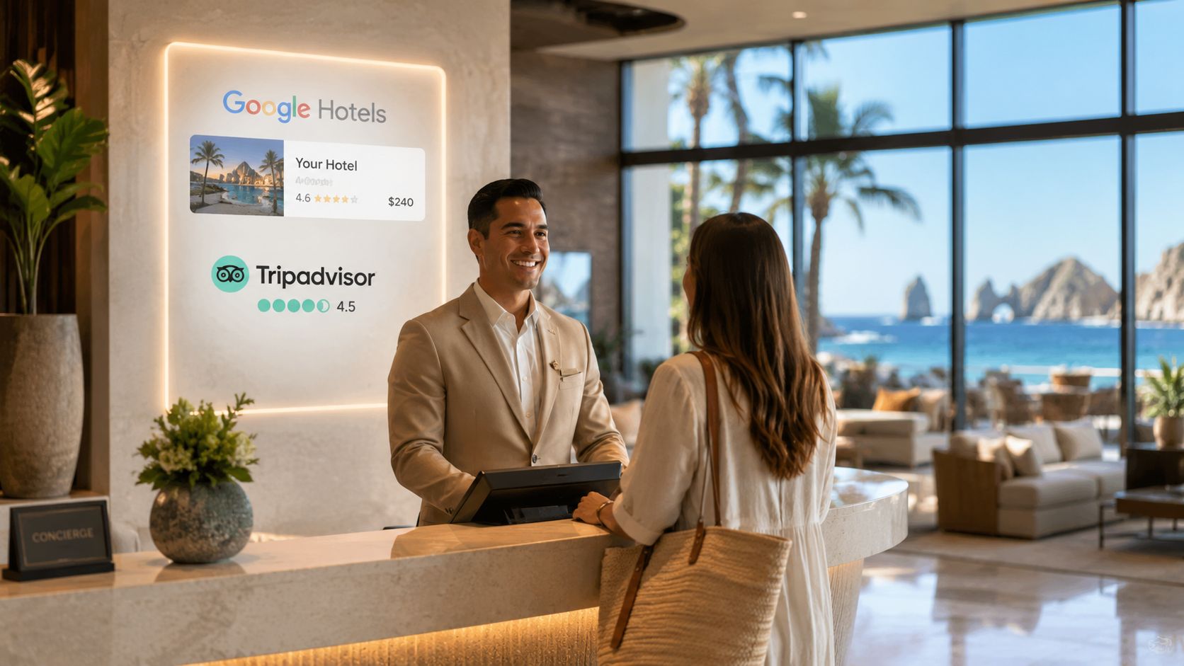 Guía 2026: Descubre que es un metabuscador estratégico » que es un metabuscador Un recepcionista de hotel atiende a una huésped frente a una pantalla con comparativas de metabuscadores.