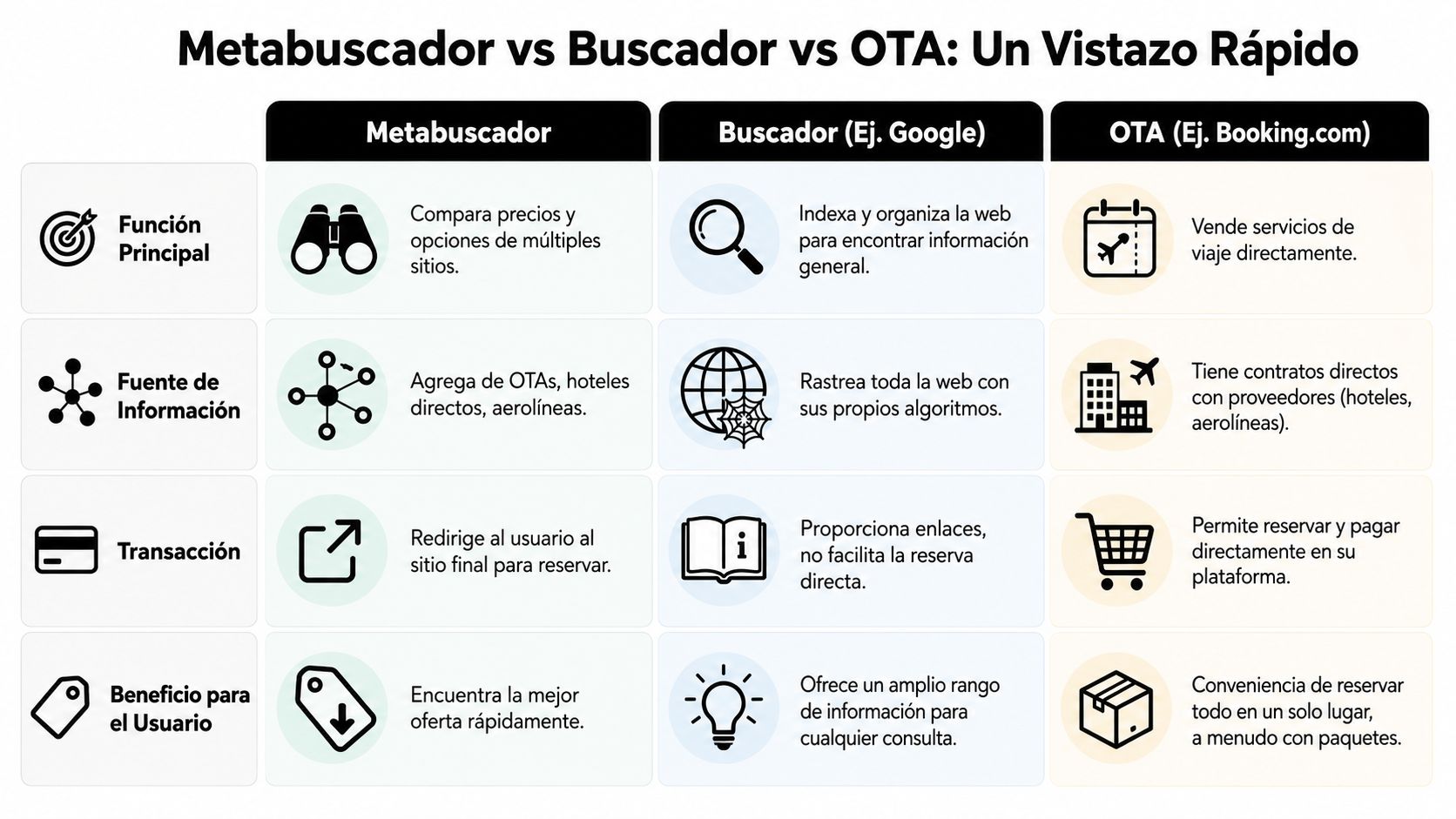 Guía 2026: Descubre que es un metabuscador estratégico » que es un metabuscador Tabla comparativa explicando las diferencias entre metabuscador, buscador general y agencia de viajes online.