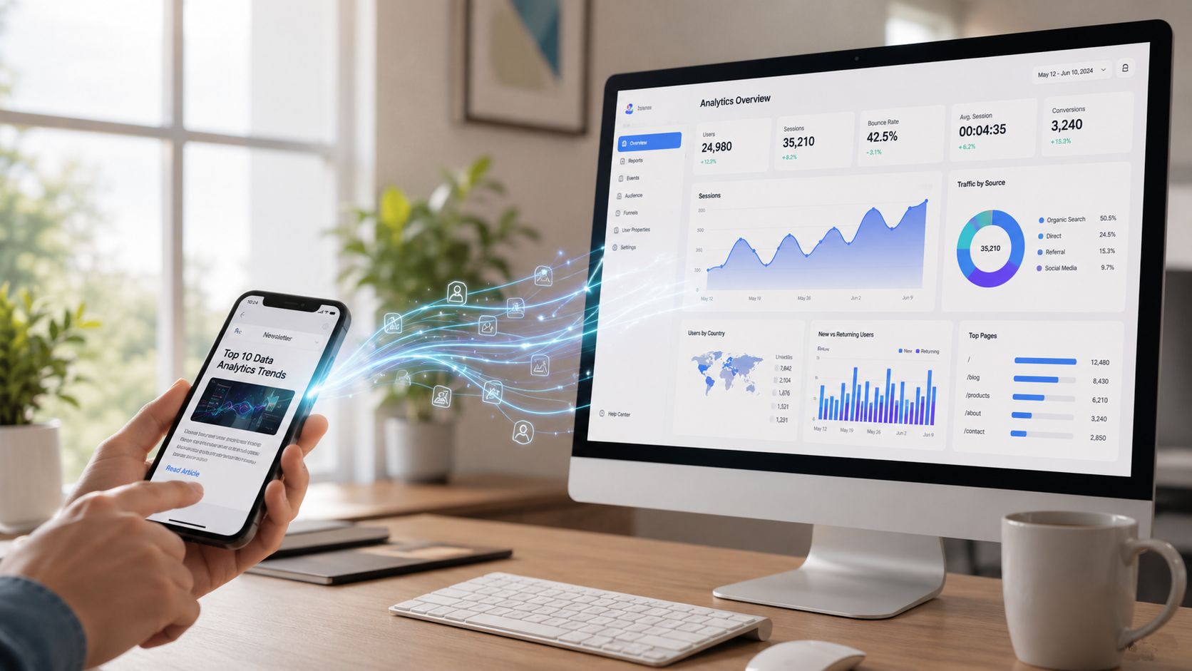 Guía 2026: que es un utm y cómo medir tu ROI de marketing » que es un utm Una persona sostiene un teléfono inteligente conectando datos digitalmente hacia un monitor de escritorio con gráficos analíticos.