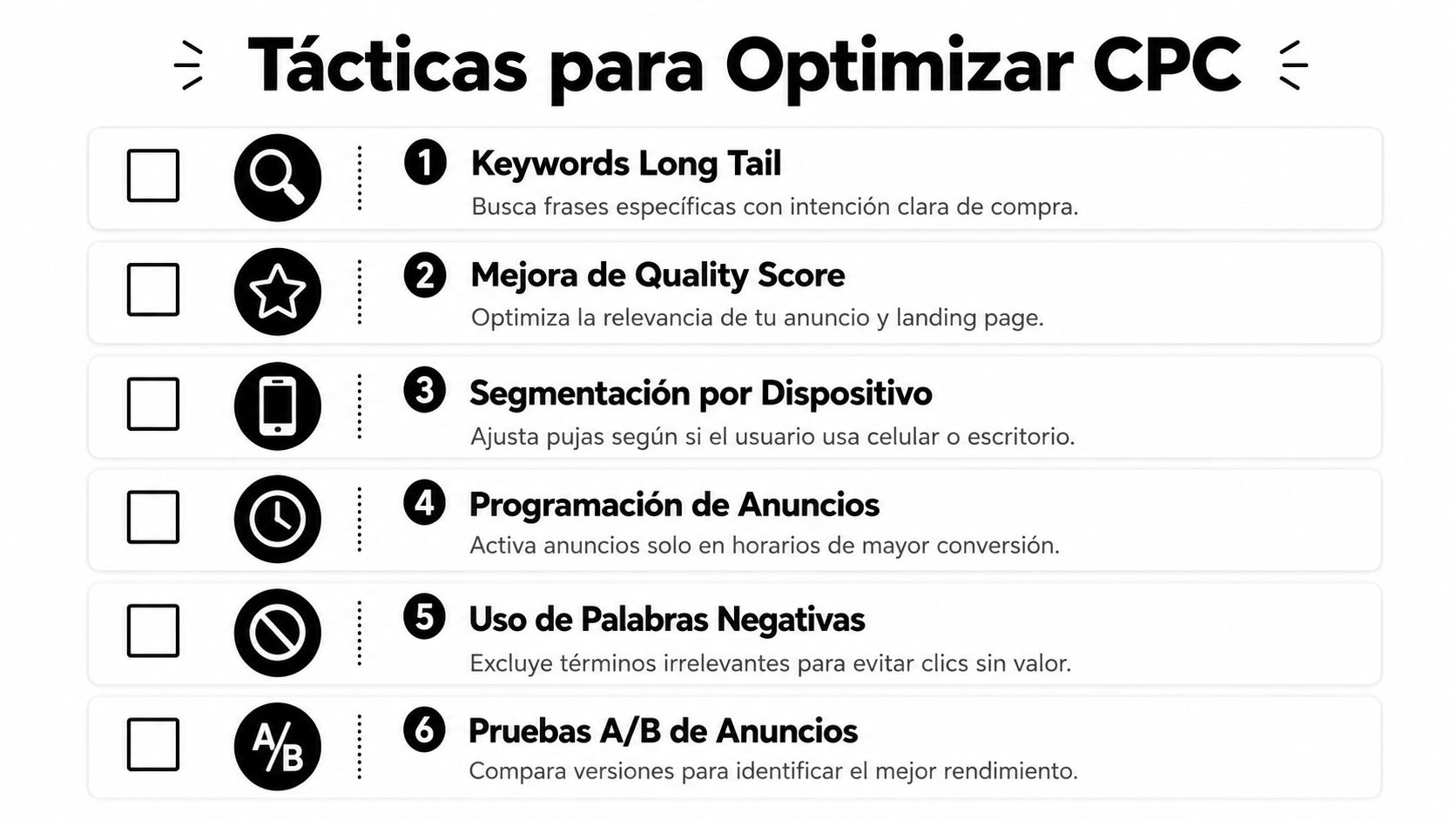 Infografía con seis tácticas esenciales para optimizar el CPC en campañas de publicidad digital y marketing.