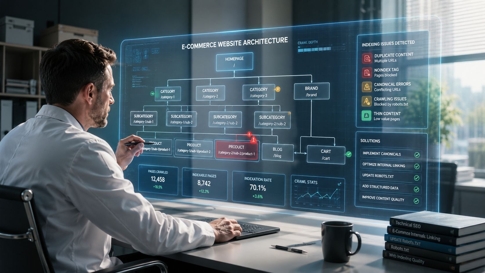 Un profesional analiza la arquitectura y el estado de indexación de un sitio web de comercio electrónico.