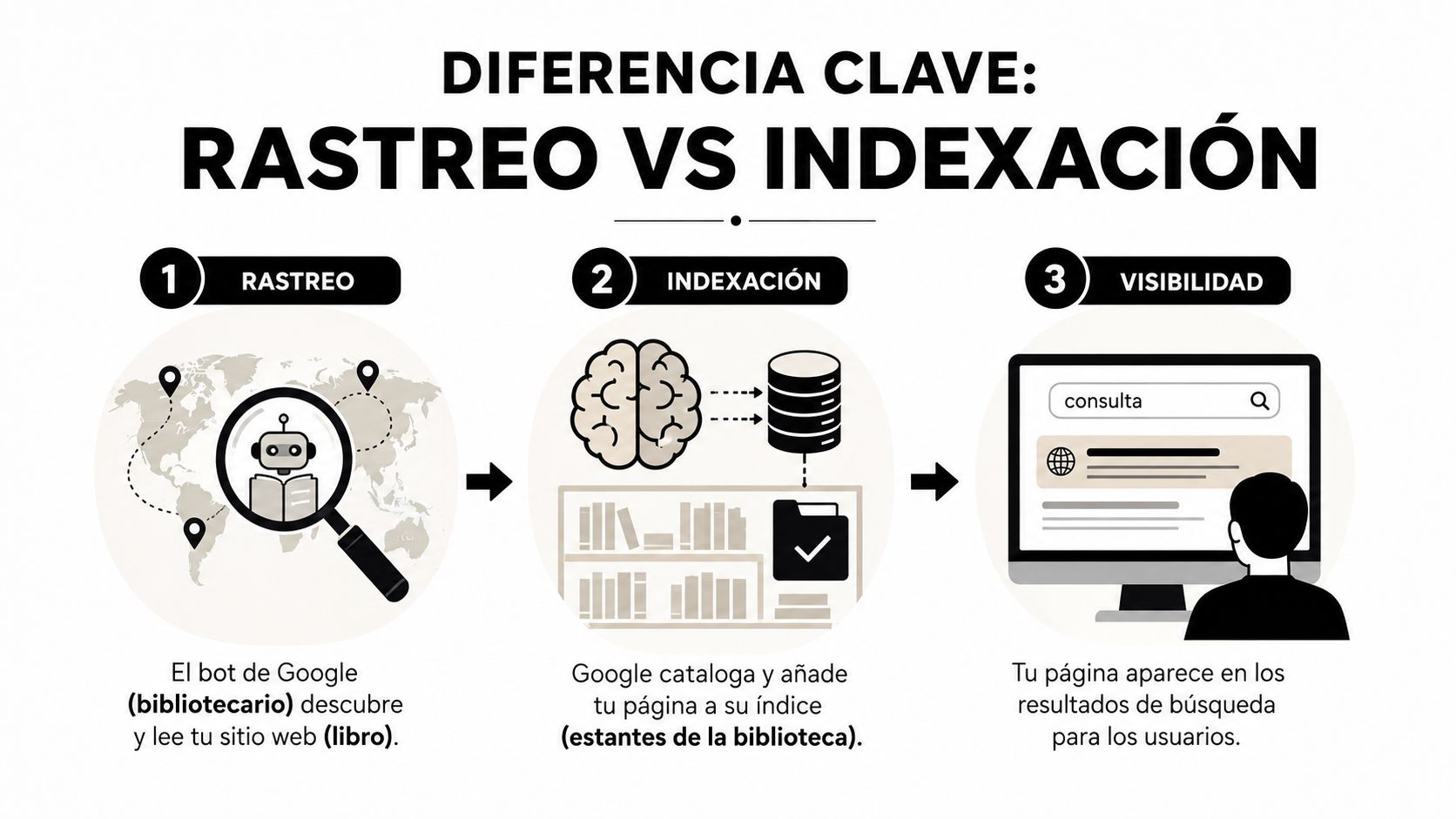 Infografía explicando el proceso SEO de rastreo, indexación y visibilidad de sitios web en Google.