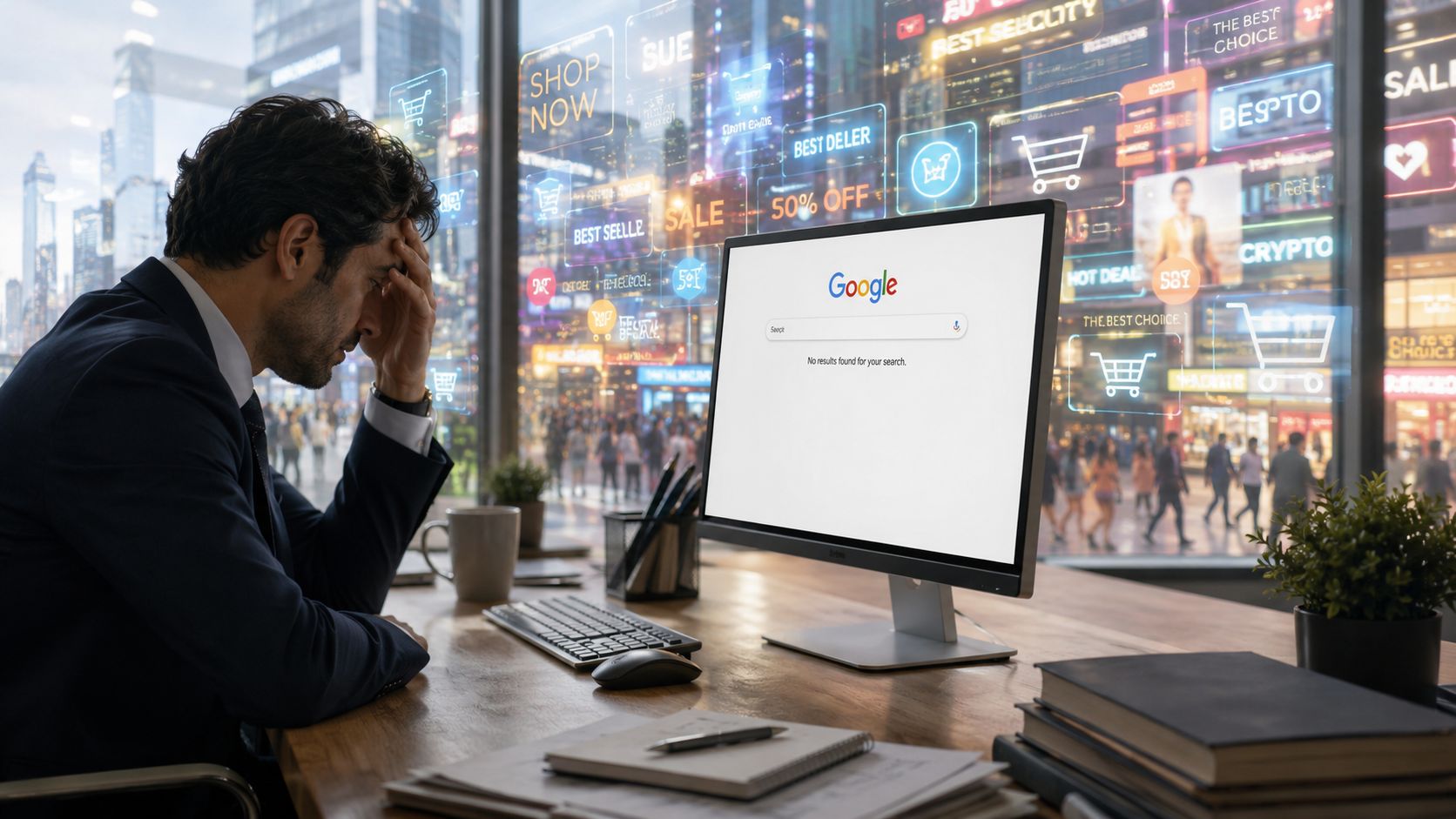 Un hombre de negocios estresado sentado frente a un ordenador mostrando la página de búsqueda de Google.