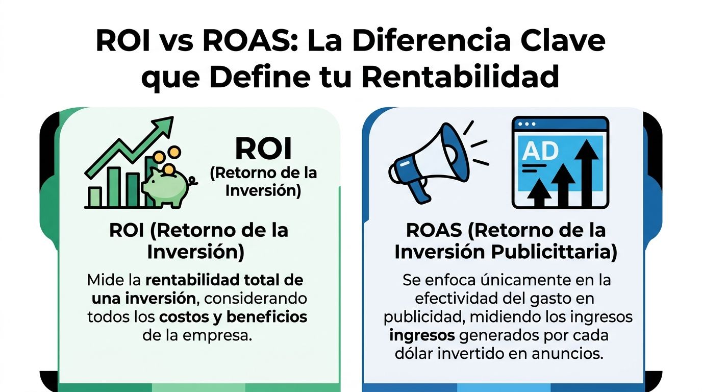 Infografía comparativa que explica la diferencia entre ROI y ROAS en marketing digital de manera sencilla.