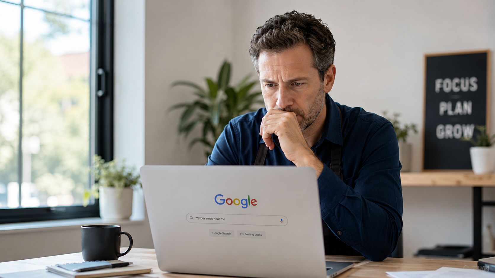 Un hombre de negocios reflexivo sentado frente a su ordenador portátil analizando estrategias de marketing en internet