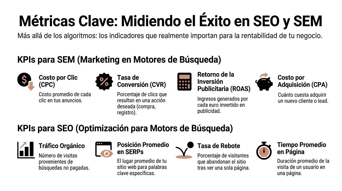 Infografía sobre métricas clave para medir el éxito en campañas de marketing digital SEO y SEM.
