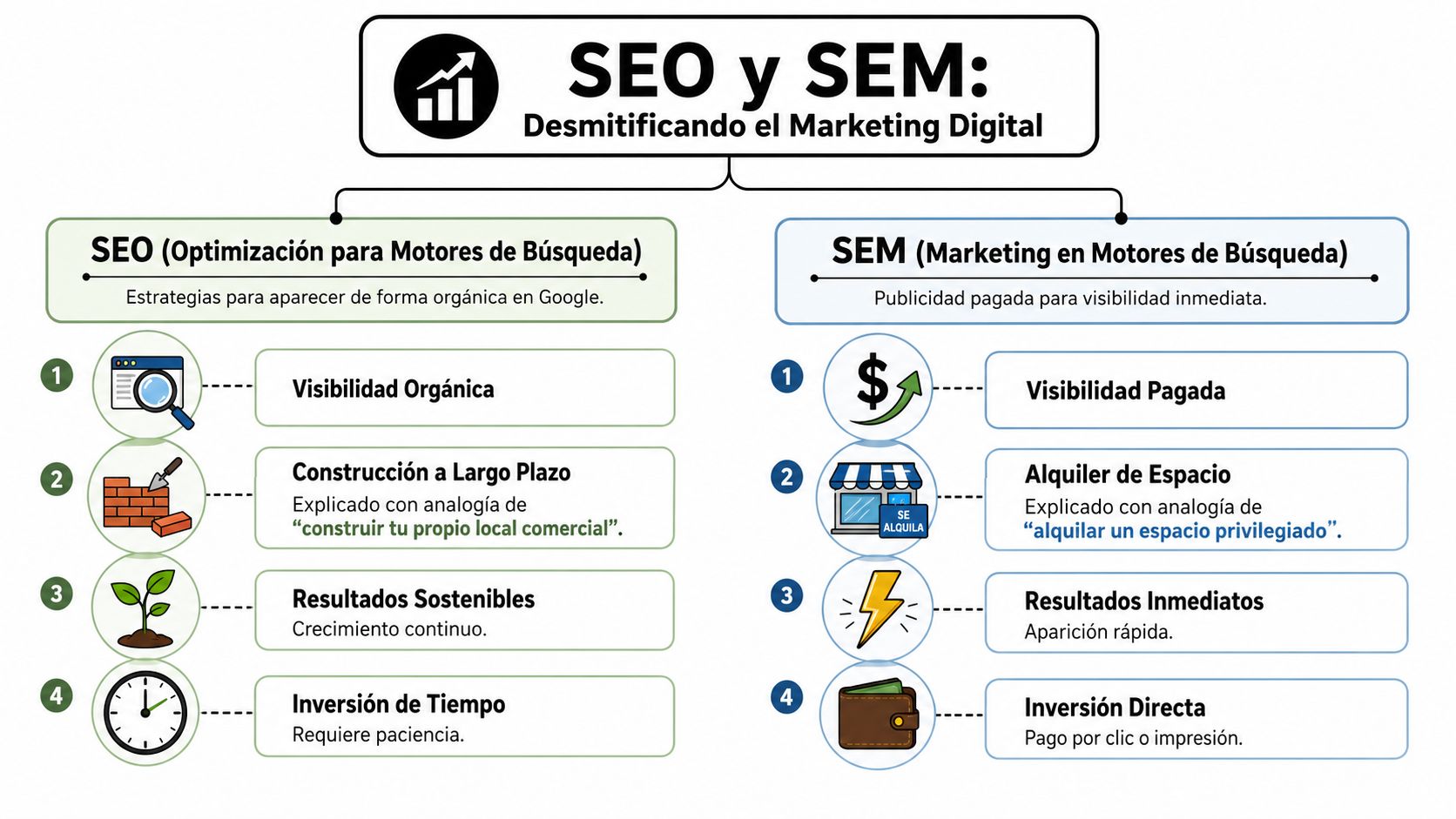 Infografía comparativa que explica las diferencias entre las estrategias de marketing digital SEO y SEM.