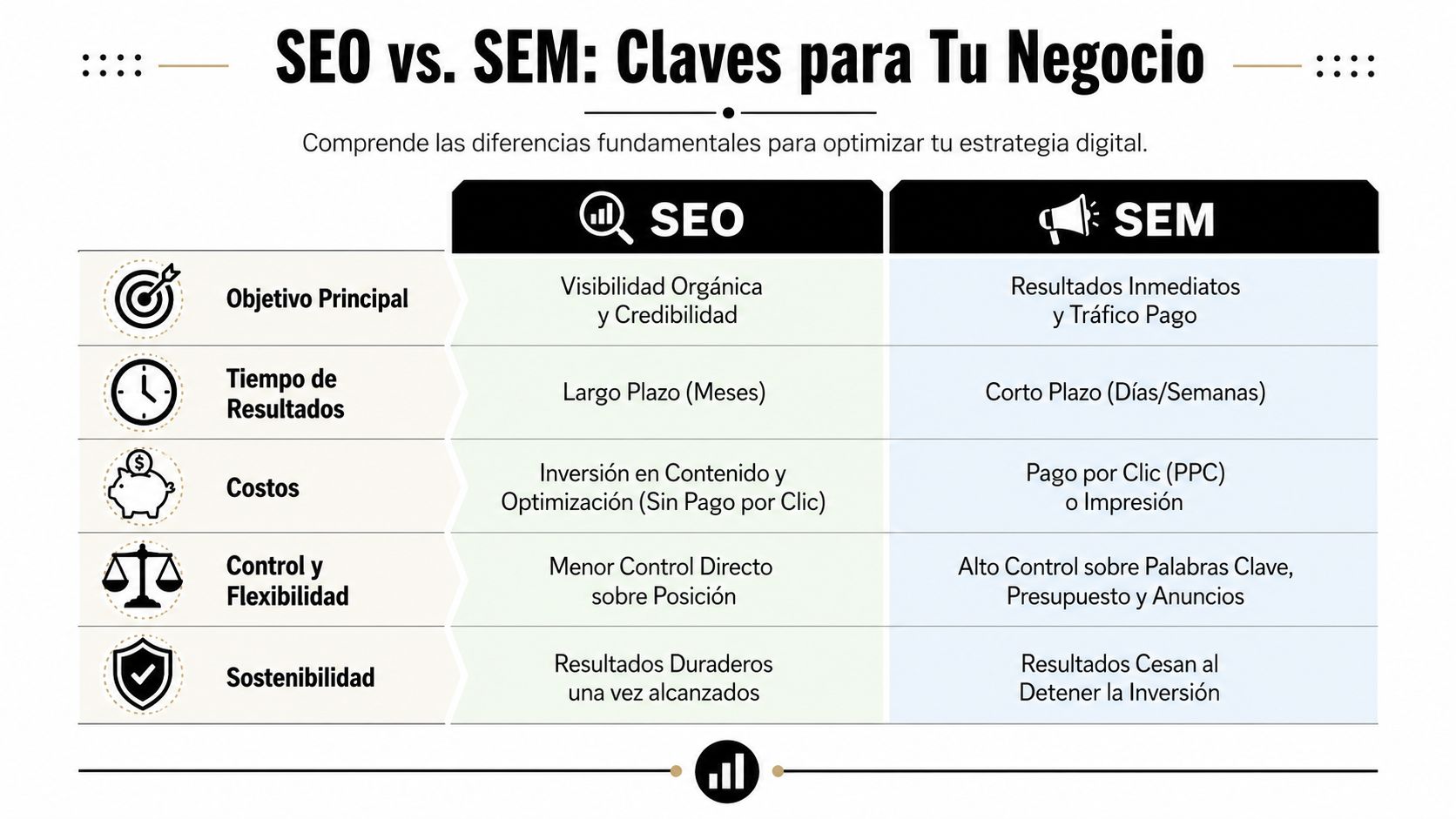 Tabla comparativa que explica las diferencias fundamentales entre las estrategias de marketing digital SEO y SEM.