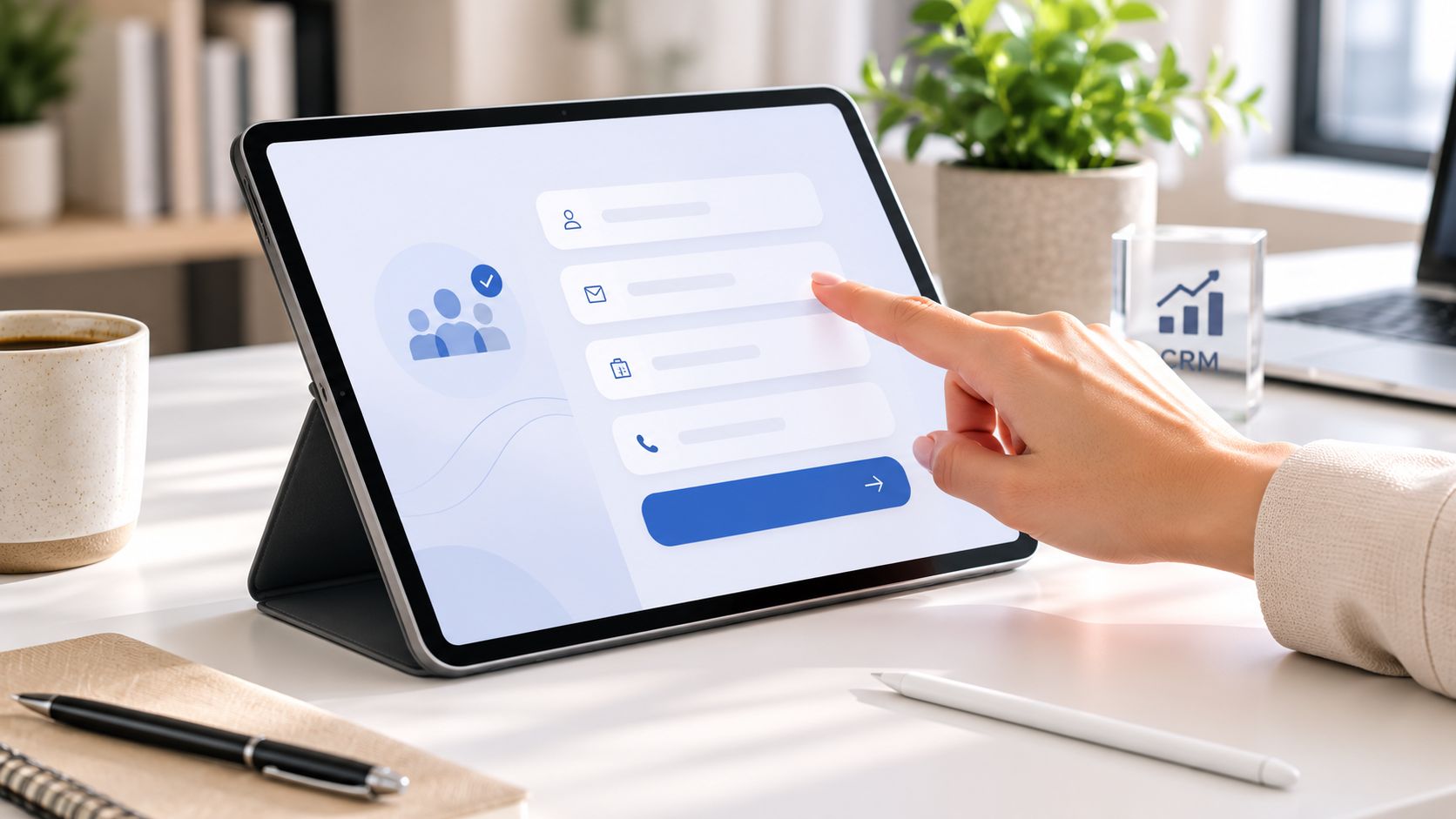 Una mano interactúa con un formulario digital de registro en una tableta sobre un escritorio de oficina.