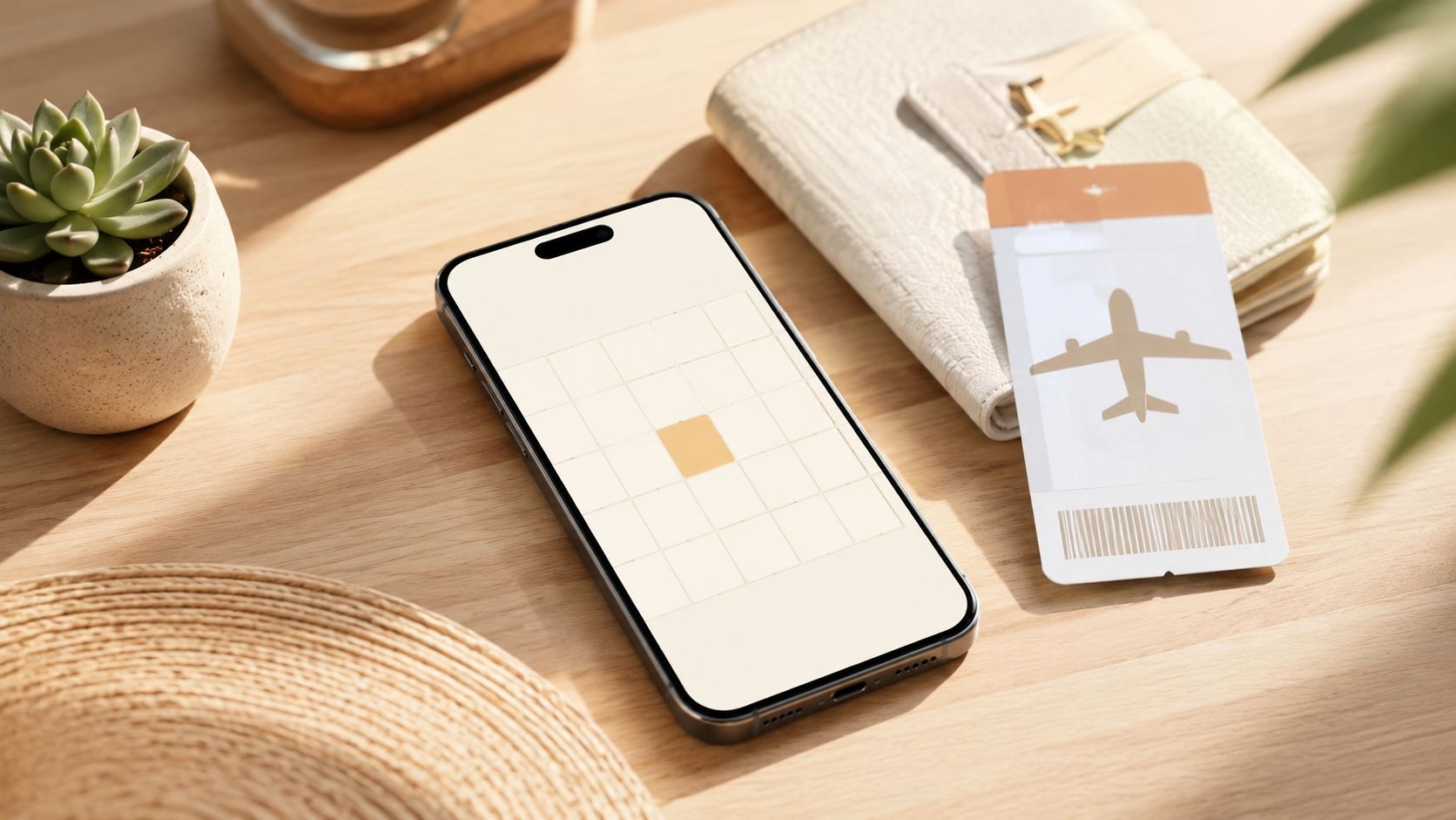 Un smartphone con una cuadrícula en pantalla junto a un billete de avión sobre una mesa de madera.
