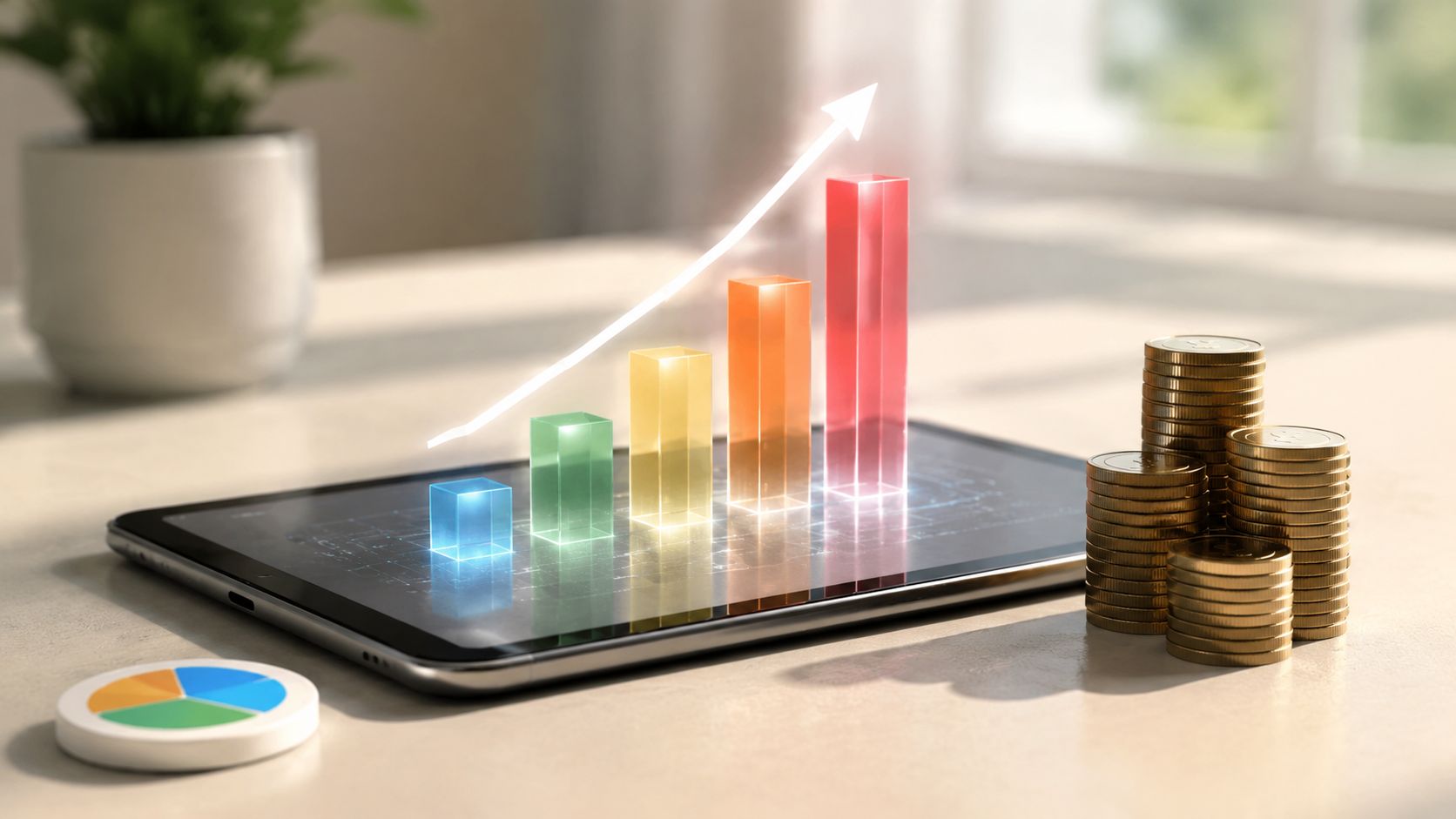 Tableros de control ejemplos para crecer en 2026 » tableros de control ejemplos Representación gráfica de crecimiento financiero con barras de colores, flecha ascendente, monedas y un gráfico circular.