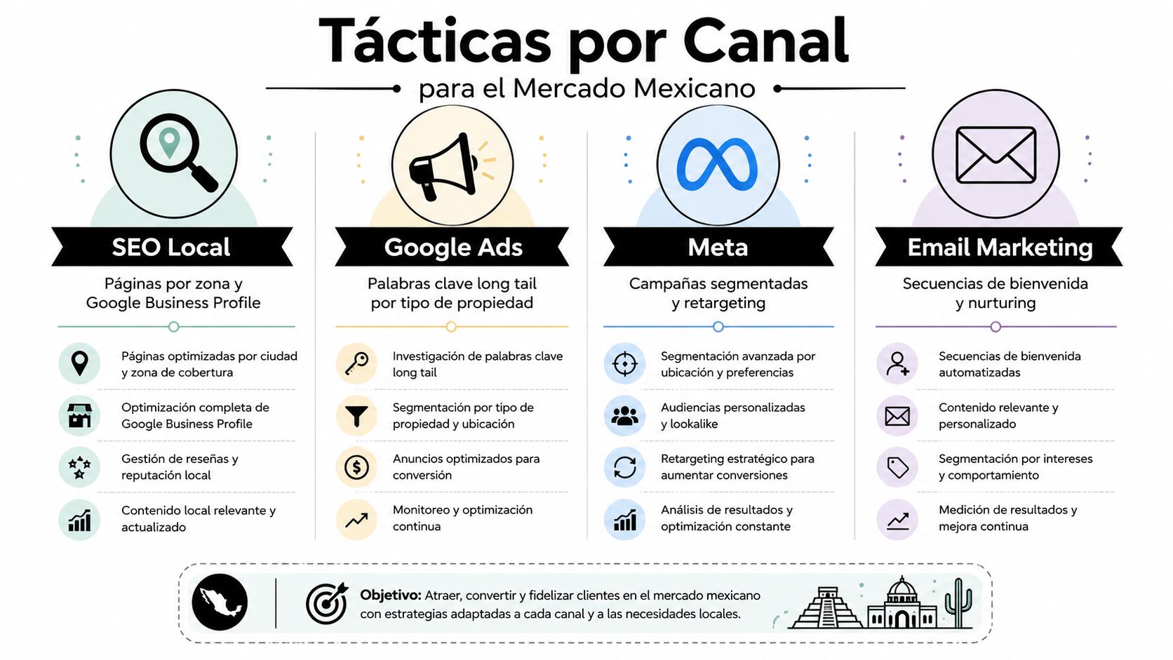 Infografía sobre tácticas de marketing digital por canal enfocadas en el mercado inmobiliario mexicano.