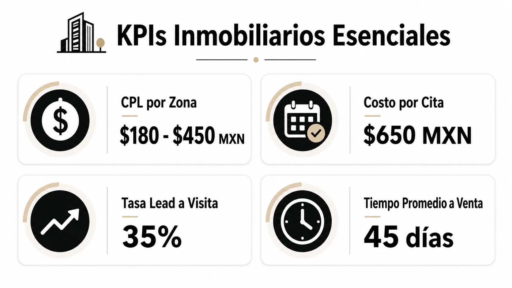 Infografía que muestra los indicadores clave de rendimiento esenciales para el marketing inmobiliario y las ventas.