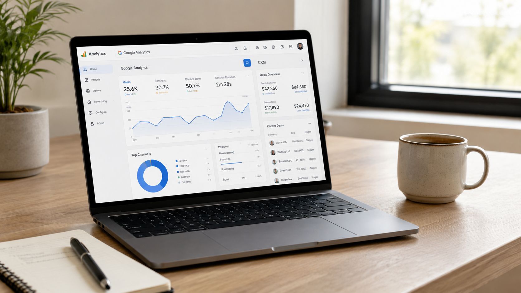 Una computadora portátil mostrando un panel de control con métricas de marketing digital en un escritorio.