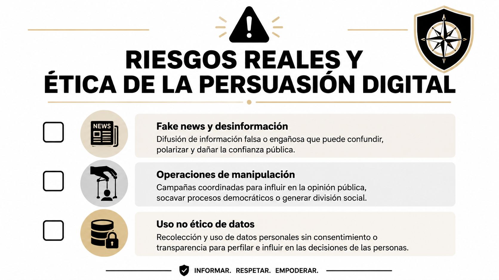 Marketing político digital en México: guía estratégica 2026 » marketing político digital Infografía sobre los riesgos éticos de la persuasión digital, incluyendo noticias falsas, manipulación y uso de datos.