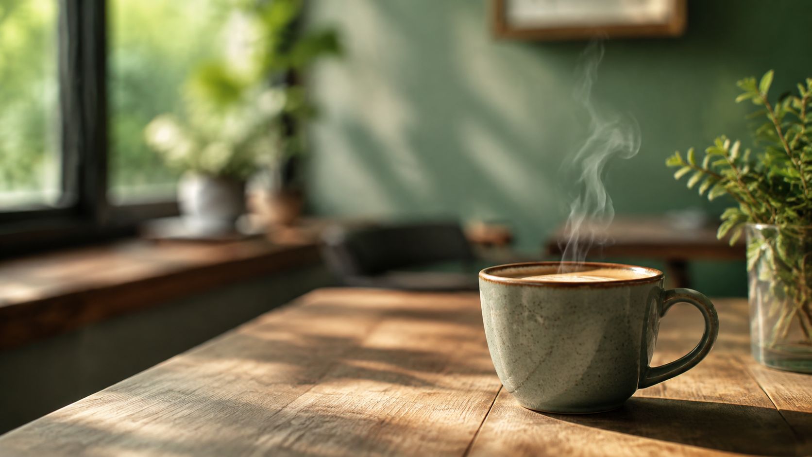 Taza de cerámica con café humeante sobre una mesa de madera rústica en una habitación iluminada