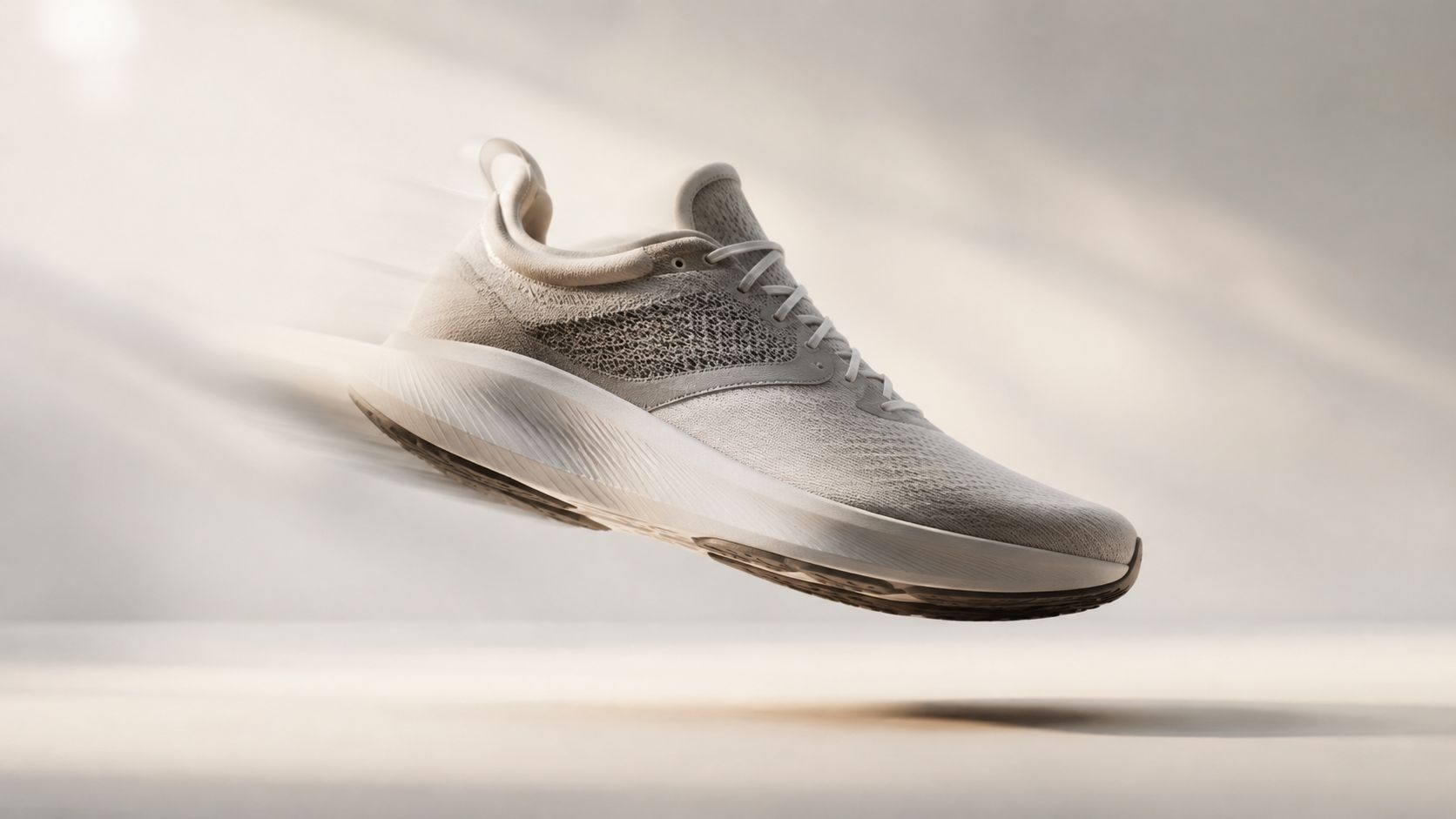 Una zapatilla deportiva de color beige flotando sobre un fondo neutro con efecto de movimiento cinético.