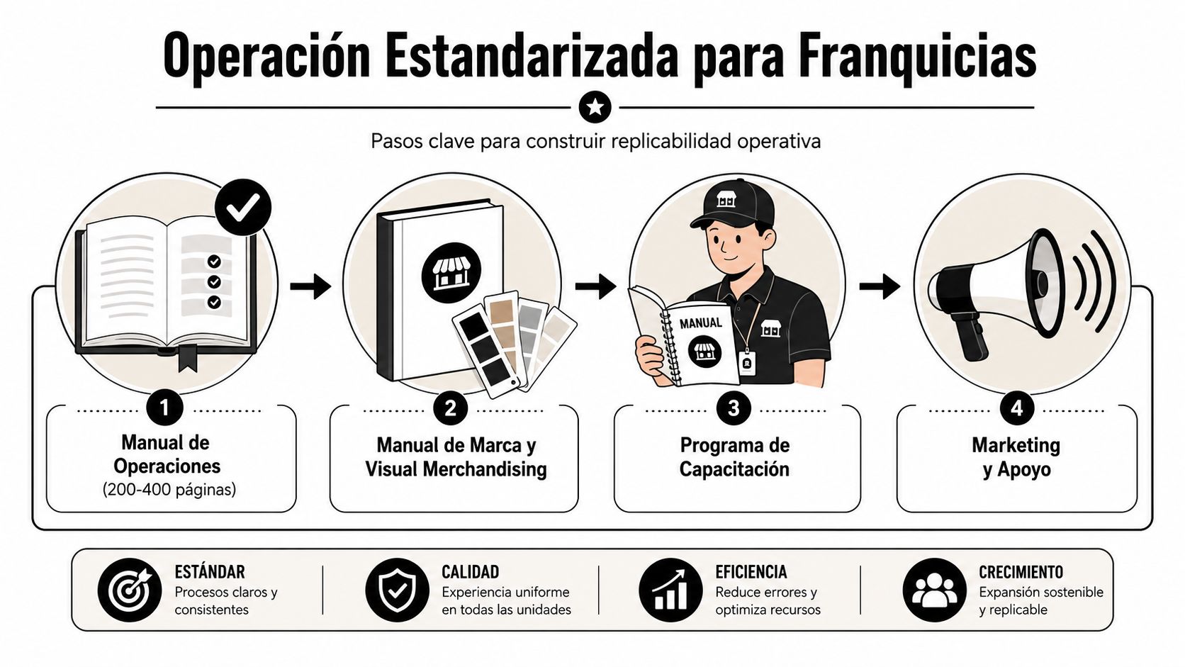 Modelo de Franquicia en México: Guía Estratégica 2026 » modelo de franquicia Infografía sobre los cuatro pasos clave para construir un modelo de operación estandarizada para franquicias exitosas.