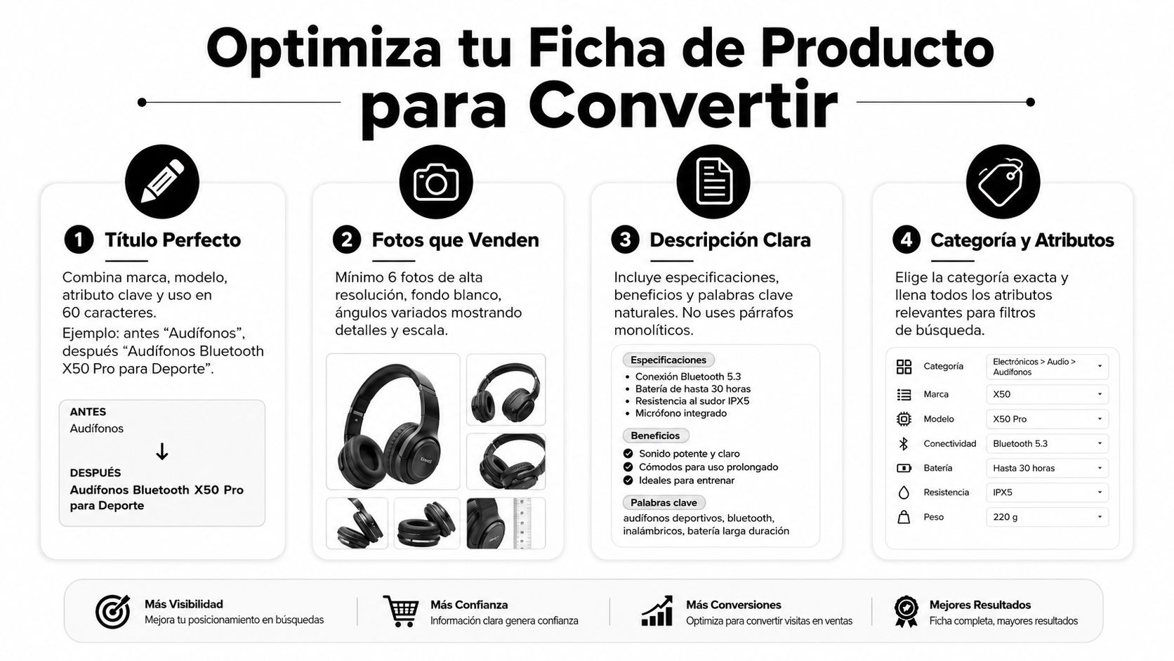 Infografía sobre cómo optimizar una ficha de producto para aumentar las conversiones y ventas en línea.