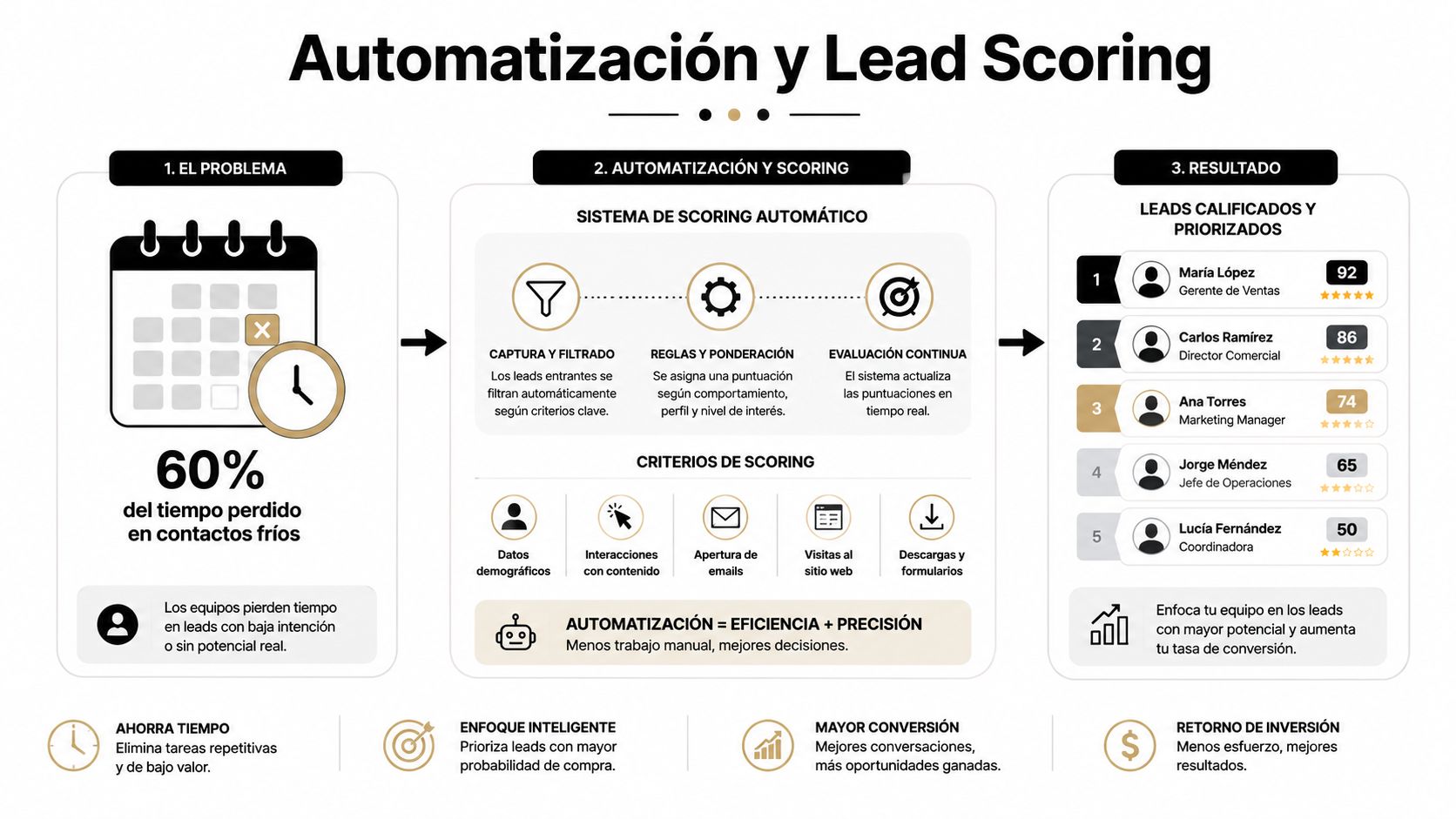 Diagrama explicativo sobre cómo la automatización y el lead scoring mejoran la eficiencia en las ventas.